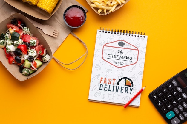 Free food delivery composition with notepad mock-up