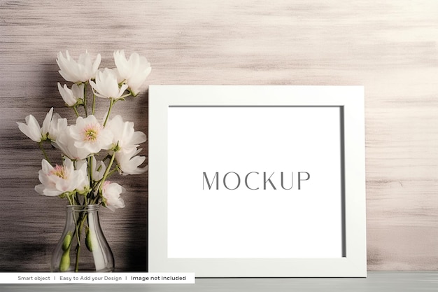 Free frame mockup with flowers in a vase on a wooden table