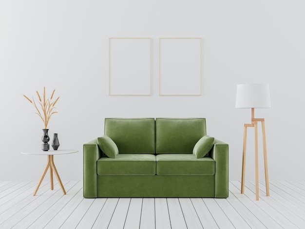 PSD free psd a green sofa in a white room with two pictures on the wall