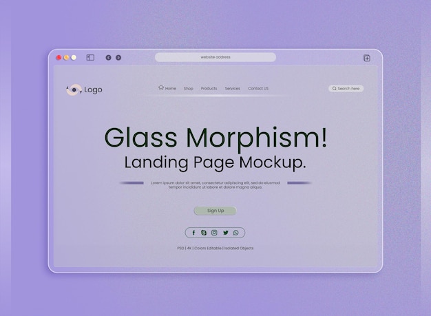 Free PSD Landing page interface Light Blue color presentation mockup with glass morphism effect