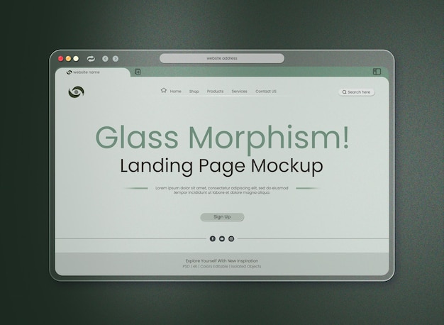 Free PSD landing page mockup light interface presentation on glass morphism browser in gray backdrop