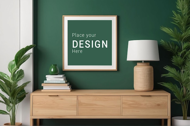 Free psd photo mockup photo frame green wall mounted on the wooden cabinet