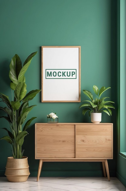 Free psd photo mockup photo frame green wall mounted on the wooden cabinet