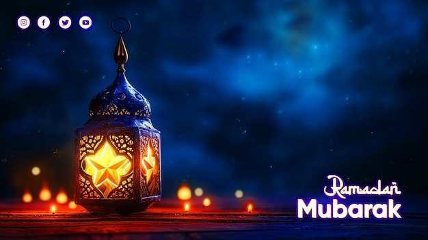 PSD free psd ramadan kareem ornamental arabic lantern with burning candle glowing at night