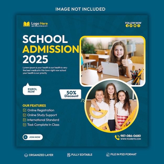 Free PSD School admission social media post and Instagram post template