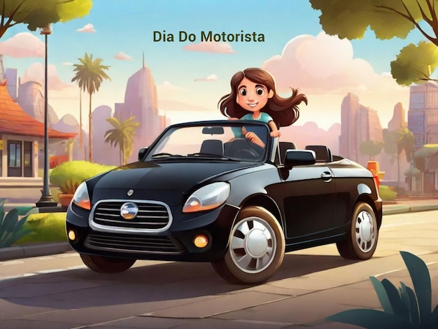 Free vector cartoon girl driving black car