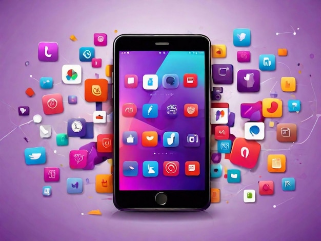 Free vector purple themed mobile phone surrounded by colorful apps