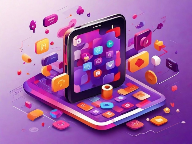 PSD free vector purple themed mobile phone surrounded by colorful apps