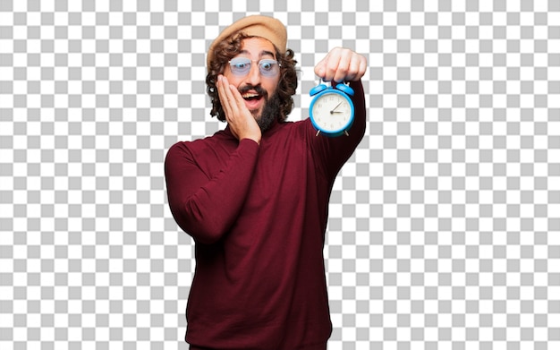 PSD french artist with a beret holding an alarm clock