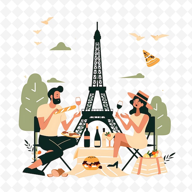 PSD french characters enjoying a picnic design is romantic and e illustration cutural landscape view