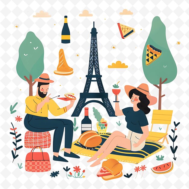 French Characters Enjoying a Picnic Design Is Romantic and E Illustration Cutural Landscape View