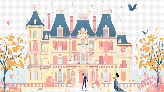 French Chateau With Belle and the Beast Having a Romantic We People Life Style Flat Illustration