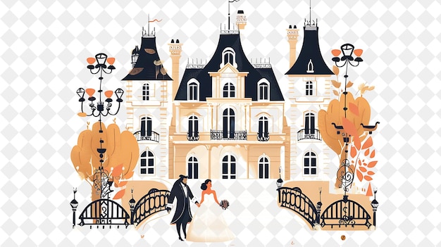 French Chateau With Belle and the Beast Having a Romantic We People Life Style Flat Illustration