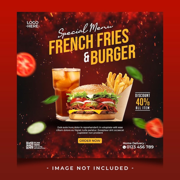 french fries and burger menu restaurant for promotion social media post feed banner template