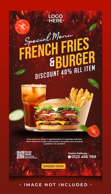 french fries and burger menu restaurant for promotion social media post stories banner template