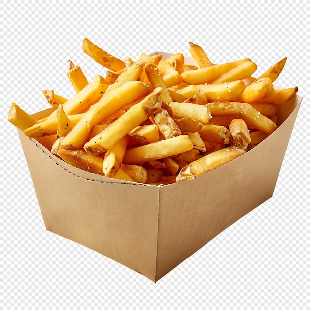 French fries on a carton box on isolated transparent background