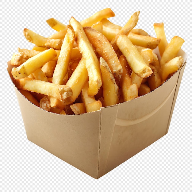 French fries on a carton box on isolated transparent background