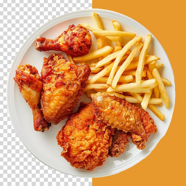 PSD french fries and fried chicken on wooden plate png isolated on transparent background