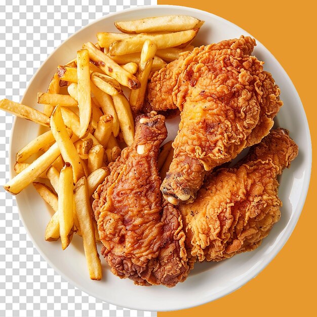 French fries and fried chicken on wooden plate png isolated on transparent background