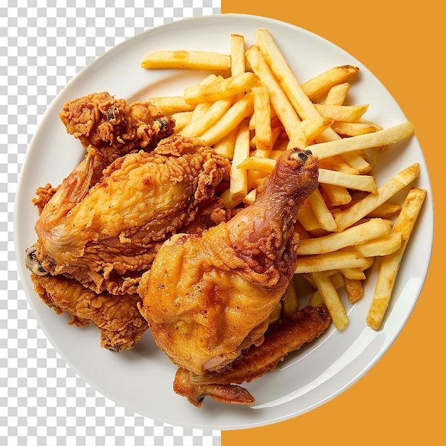 French fries and fried chicken on wooden plate png isolated on transparent background