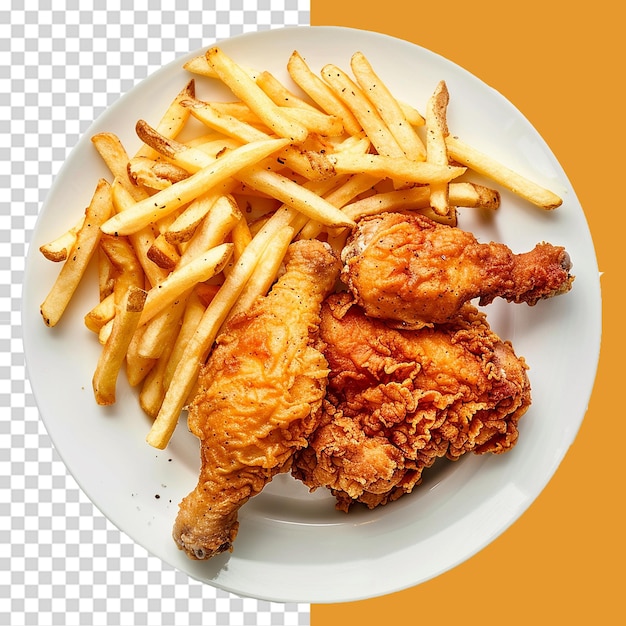 French fries and fried chicken on wooden plate png isolated on transparent background