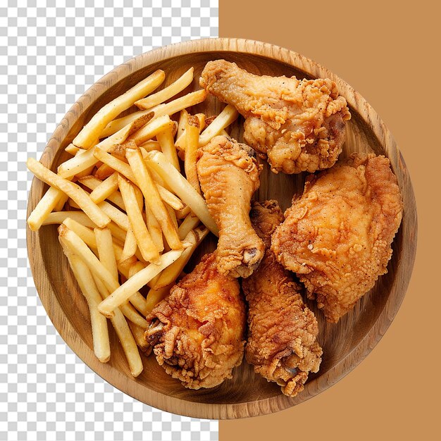 PSD french fries and fried chicken on wooden plate png isolated on transparent background