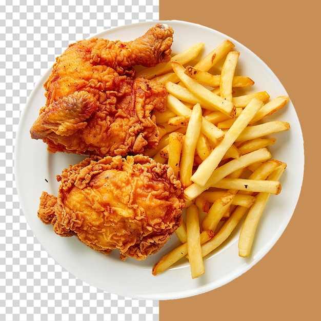 PSD french fries and fried chicken on wooden plate png isolated on transparent background