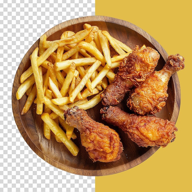 PSD french fries and fried chicken on wooden plate png isolated on transparent background