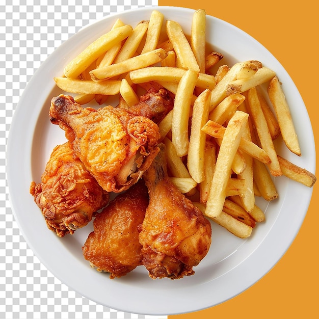 French fries and fried chicken on wooden plate png isolated on transparent background