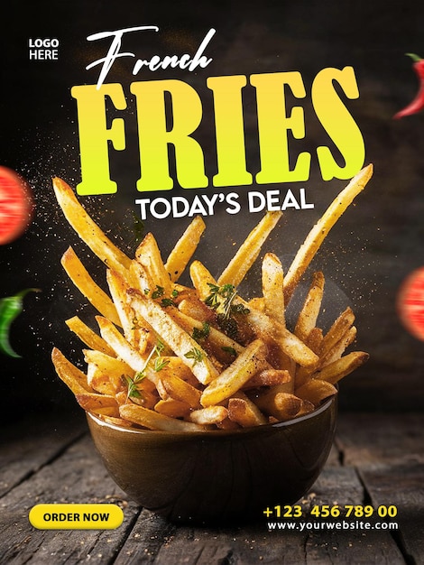 PSD french fries golden brown potato chips social media post template instagram food menu ketchup sauce