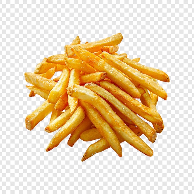 French fries on a round wooden bowl isolated on a transparent background