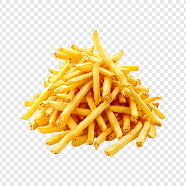 French fries on a round wooden bowl isolated on a transparent background