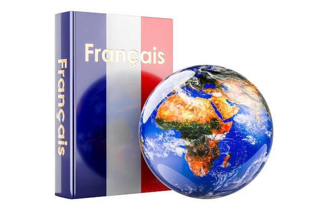 PSD french language textbook with earth globe international lessons and courses of french language 3d rendering isolated on transparent background