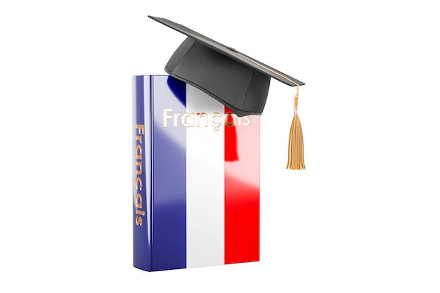 French language textbook with graduation cap Learn French language classes 3D rendering isolated on transparent background