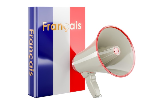 PSD french language textbook with megaphone courses of french language 3d rendering isolated on transparent background