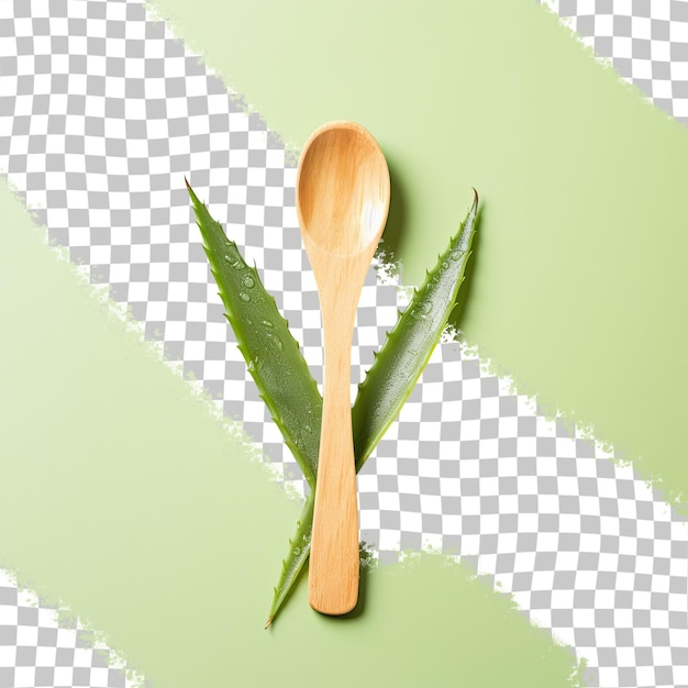 Fresh aloe leaves in a wooden spoon on a transparent background Concept for skincare and spa