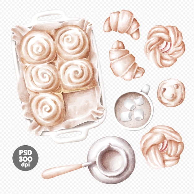 Fresh bakery hand drawn illustration, coffee, buns, croissants, apple cakes clipart