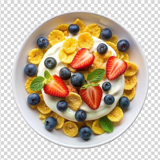 Fresh berries banana with corn flakes and yogurt Isolated on white background