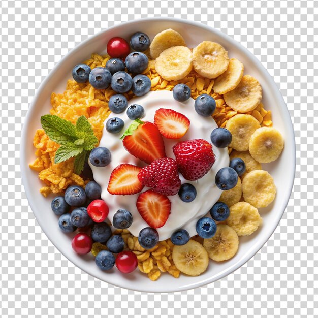 Fresh berries banana with corn flakes and yogurt Isolated on white background