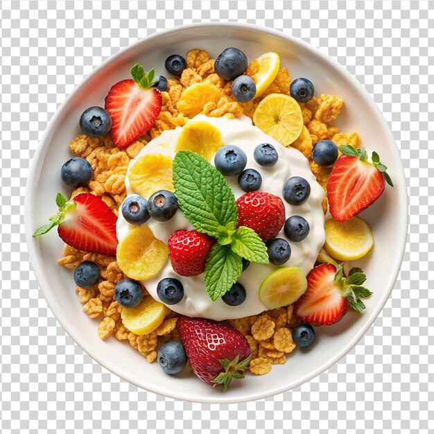 Fresh berries banana with corn flakes and yogurt Isolated on white background