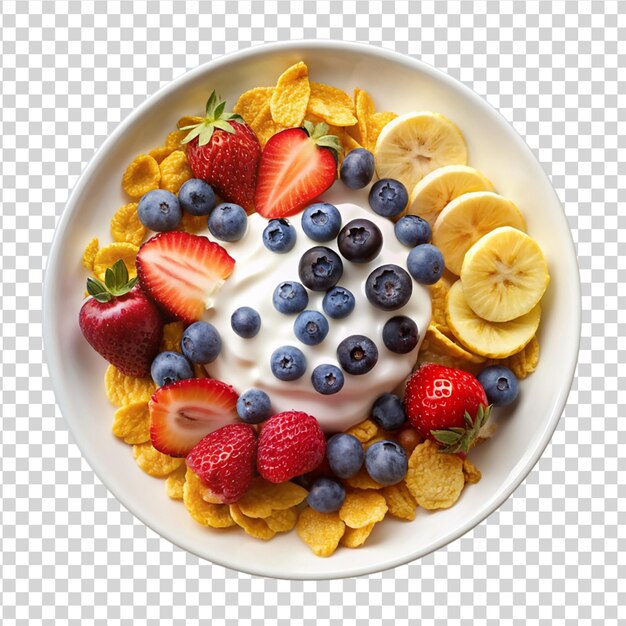 Fresh berries banana with corn flakes and yogurt Isolated on white background