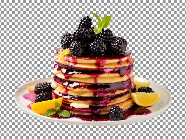 Fresh blackberry lemon pancakes stack isolated on transparent background