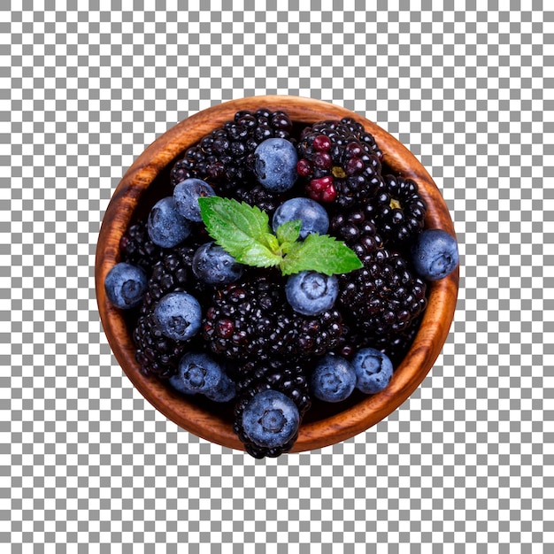 Fresh blue and black berries with a leaf in wooden bowl isolated on transparent background