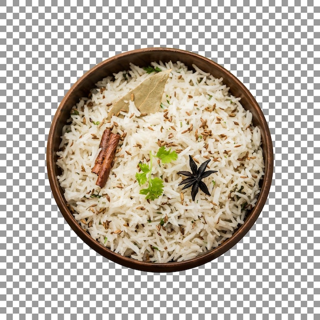 Fresh boiled white rice in a wooden bowl with transparent background