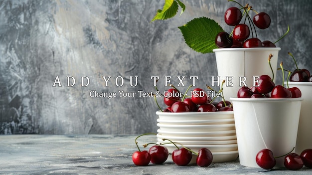 PSD fresh cherries in paper cups on a rustic background