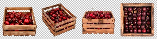 PSD fresh cherries in wooden crates isolated on transparent background