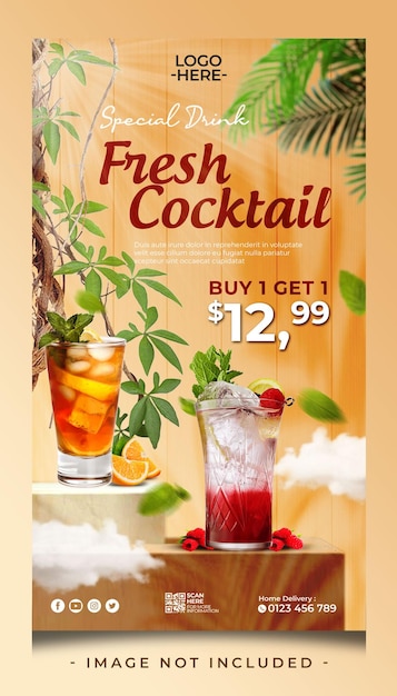 fresh cocktail fresh drink restaurant for promotion social media post stories banner template