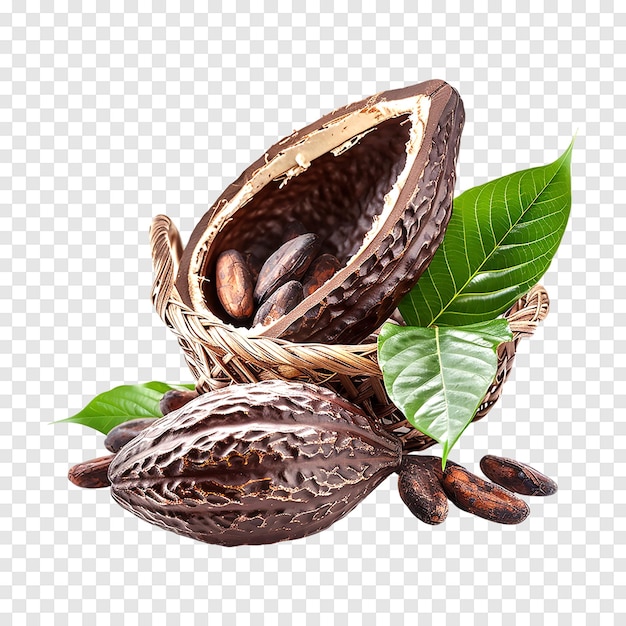 Fresh cocoa fruits with half sliced and green leaf isolated on a transparent background