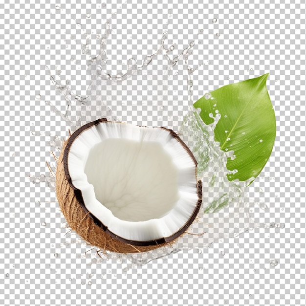 fresh coconut with leaves and juice splash isolated on alpha layer png