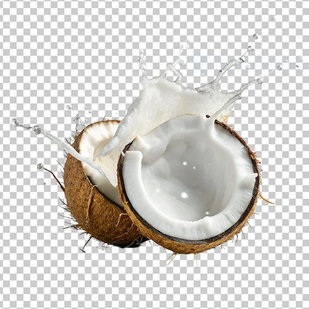 Fresh coconut with leaves and juice splash isolated on alpha layer png